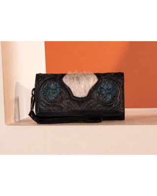 TR187-W002 BK Trinity Ranch Floral Tooled and Hair-On Cowhide Collection Wallet