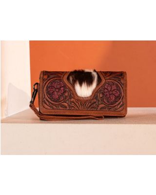 TR187-W002 BR Trinity Ranch Floral Tooled and Hair-On Cowhide Collection Wallet