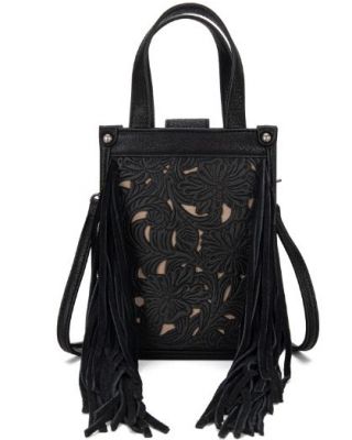 TR188-160 BK Trinity Ranch Floral Tooled Fringe Mini Tote/Crossbody