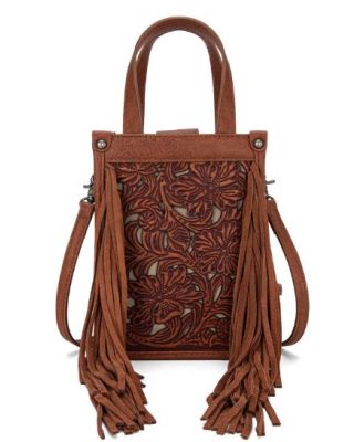 TR188-160 BR Trinity Ranch Floral Tooled Fringe Mini Tote/Crossbody