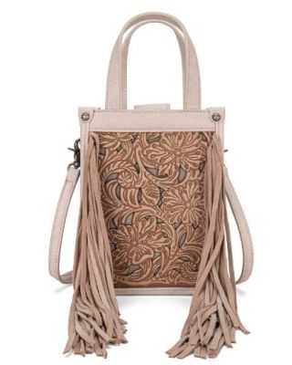 TR188-160 KH Trinity Ranch Floral Tooled Fringe Mini Tote/Crossbody