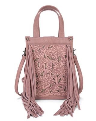 TR188-160 PK Trinity Ranch Floral Tooled Fringe Mini Tote/Crossbody