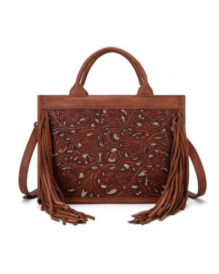 TR188-2003 BR Trinity Ranch Floral Tooled Fringe Concealed Carry Tote