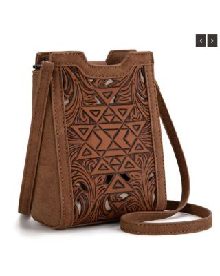 TR190-1821 BR Trinity Ranch Floral Aztec Tooled Mini Tote/Crossbody