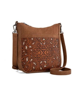 TR190-8360 BR Trinity Ranch Floral Aztec Tooled Crossbody 