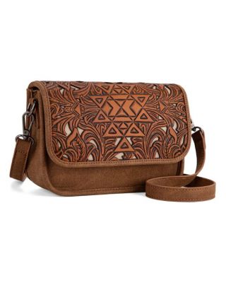 TR190-8367 BR Trinity Ranch Floral Aztec Tooled Crossbody