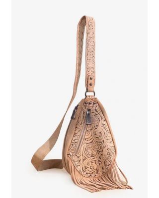 TR193-2102 TN Trinity Ranch Floral Tooled Fringe Sling Bag