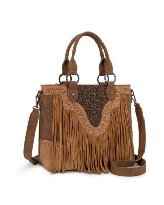 TR194-8250 BR Trinity Ranch Floral Tooled Fringe Tote/Crossbody