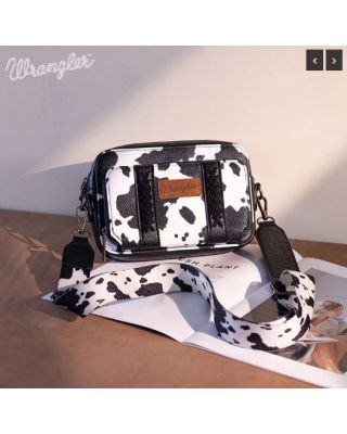 WG133-3003 BK Wrangler Cow Print Crossbody Purse With Wallet Compartment