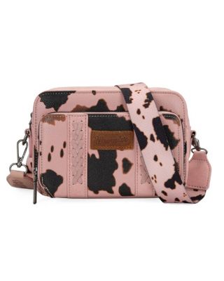 WG133-3003 PK Wrangler Cow Print Crossbody Purse With Wallet Compartment