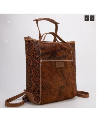 WG169-9112 BR Wrangler Genuine Hair-On Cowhide Floral Tooled Convertible Backpack