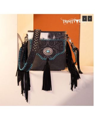 TR177G-9360 BLK Trinity Ranch Hair-On Cowhide Floral Tooled Concealed Carry Crossbody Bag