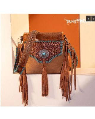 TR177G-9360 BR Trinity Ranch Hair-On Cowhide Floral Tooled Concealed Carry Crossbody Bag