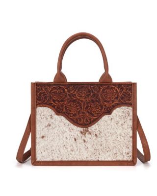 TR178G-8899 BR Trinity Ranch Hair On Cowhide Floral Tooled Concealed Carry Tote/Crossbody