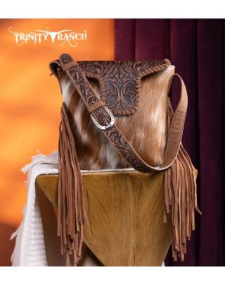 TR182-9181 TN Trinity Ranch Genuine Hair-On Cowhide Tooled Fringe Shoulder Bag