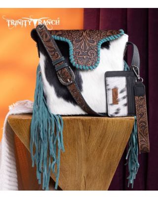 TR182-9181 BK Trinity Ranch Genuine Hair-On Cowhide Tooled Fringe Shoulder Bag