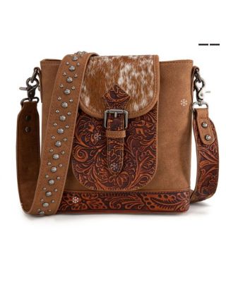 TR185G-9360 BR Trinity Ranch Genuine Hair-On Cowhide Tooled Concealed Carry Crossbody Bag