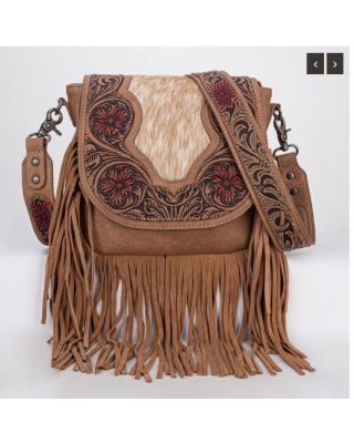 TR187-8360 TN Trinity Ranch Genuine Hair-On Cowhide Tooled Fringe Crossbody Bag