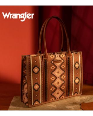 WG2203-8119 BR Wrangler Southwestern Pattern Dual Sided Print Canvas Wide Tote 