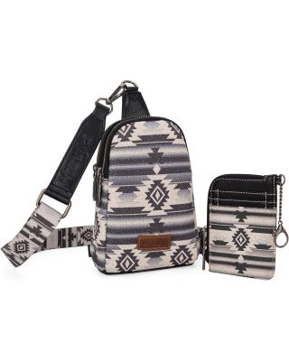 WG2205-210W BK Wrangler Aztec Print Crossbody Sling Chest Bag With Zip Card Holder Set