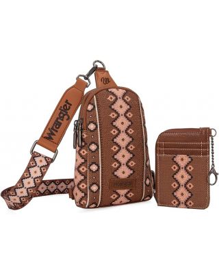 WG2205-210W DBR Wrangler Aztec Print Crossbody Sling Chest Bag With Zip Card Holder Set
