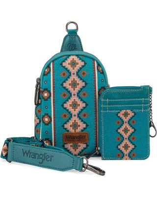 WG2205-210W TQ Wrangler Aztec Print Crossbody Sling Chest Bag With Zip Card Holder Set