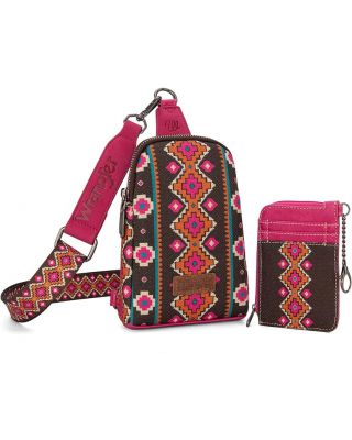 WG2205-210W HPK Wrangler Aztec Print Crossbody Sling Chest Bag With Zip Card Holder Set
