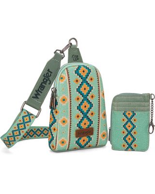 WG2205-210W GN Wrangler Aztec Print Crossbody Sling Chest Bag With Zip Card Holder Set