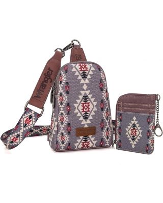 WG2205-210W LV Wrangler Aztec Print Crossbody Sling Chest Bag With Zip Card Holder Set