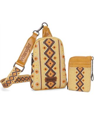 WG2205-210W YL Wrangler Aztec Print Crossbody Sling Chest Bag With Zip Card Holder Set