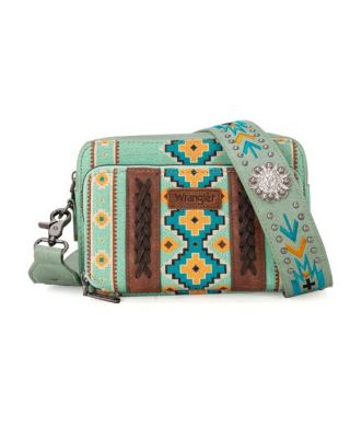 WG2207-3003 GN  Wrangler Aztec Printed Crossbody Purse With Wallet Compartment