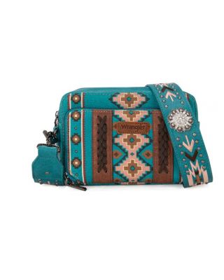 WG2207-3003 TQ  Wrangler Aztec Printed Crossbody Purse With Wallet Compartment