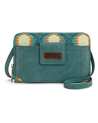 WG221-183 TQ Wrangler Aztec Distressed Print Dual Sided Print Phone Wallet Crossbody