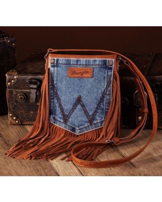WG44-8360 BR  Wrangler Leather Fringe Jean Denim Pocket Crossbody