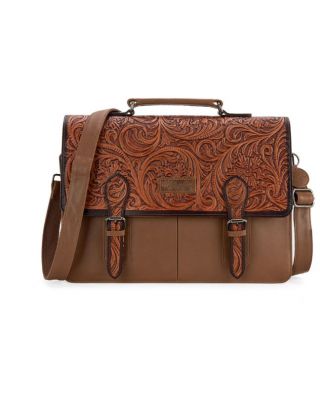 WG75-014 BR Wrangler Genuine Leather Western Vintage Hand Tooled Briefcase 