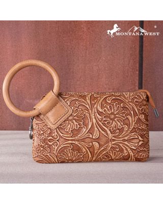 MW1260-B181 BR  Montana West Floral Tooled Ring Handle Wristlet Clutch Bag