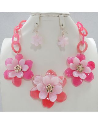 YNE5150 PK FLOWER NECKLACE  WITH EARING