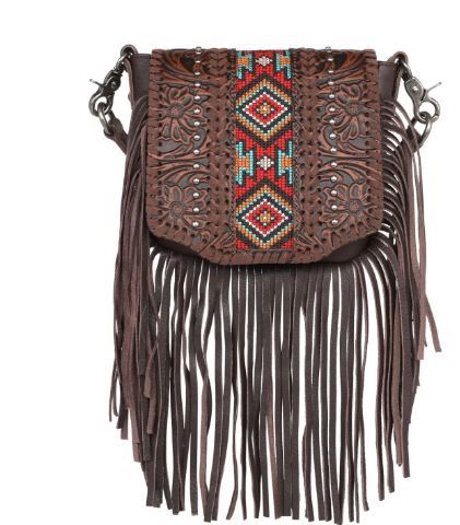 Montana West Genuine Leather Tooled Collection Fringe Crossbody